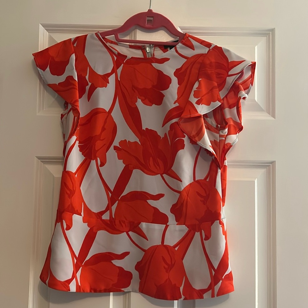 Ann Taylor Flutter Sleeve Floral Blouse